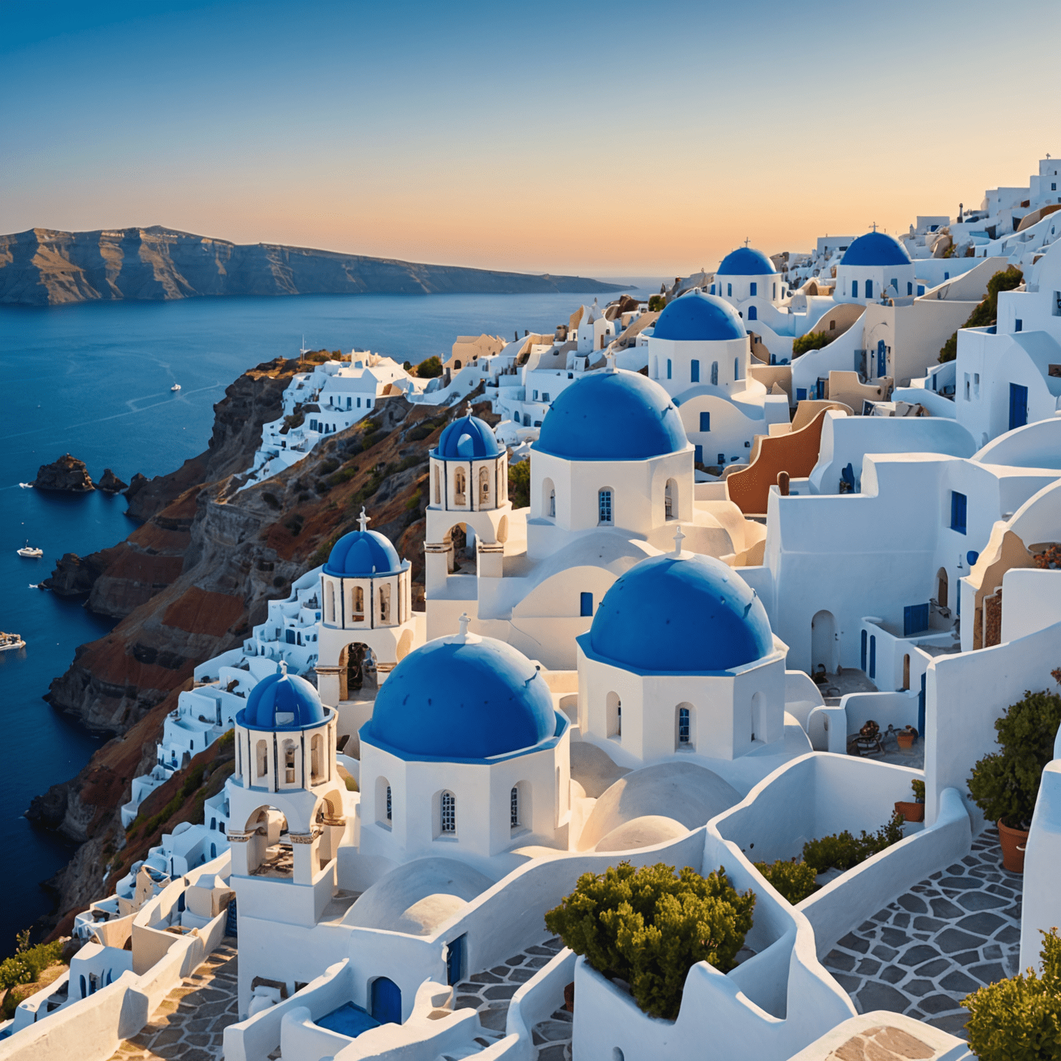 Panoramic view of Santorini's white-washed buildings and blue-domed churches perched on cliffs overlooking the Aegean Sea at sunset