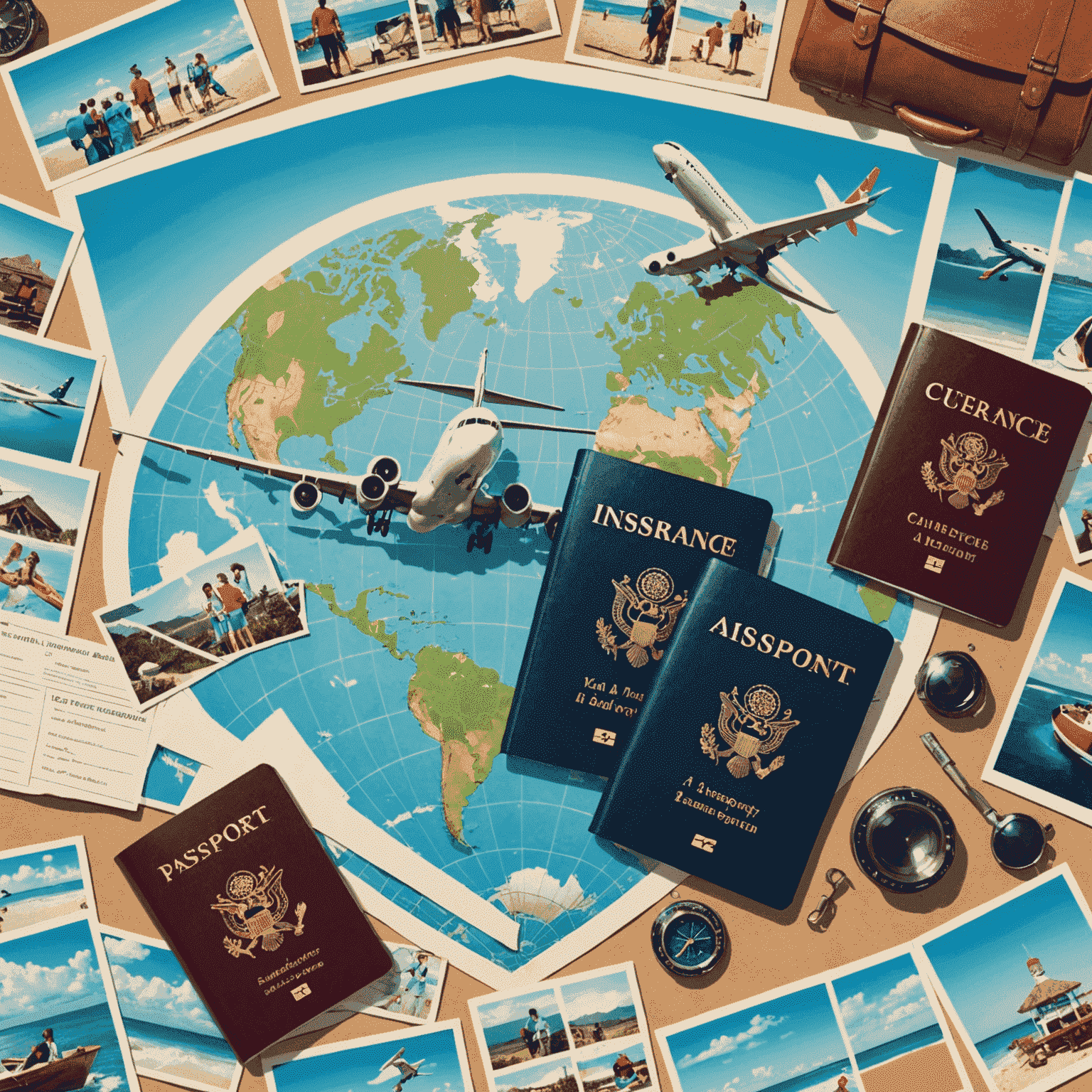 A collage of travel images including a passport, plane, and a family on vacation, overlaid with a protective shield symbol to represent insurance coverage