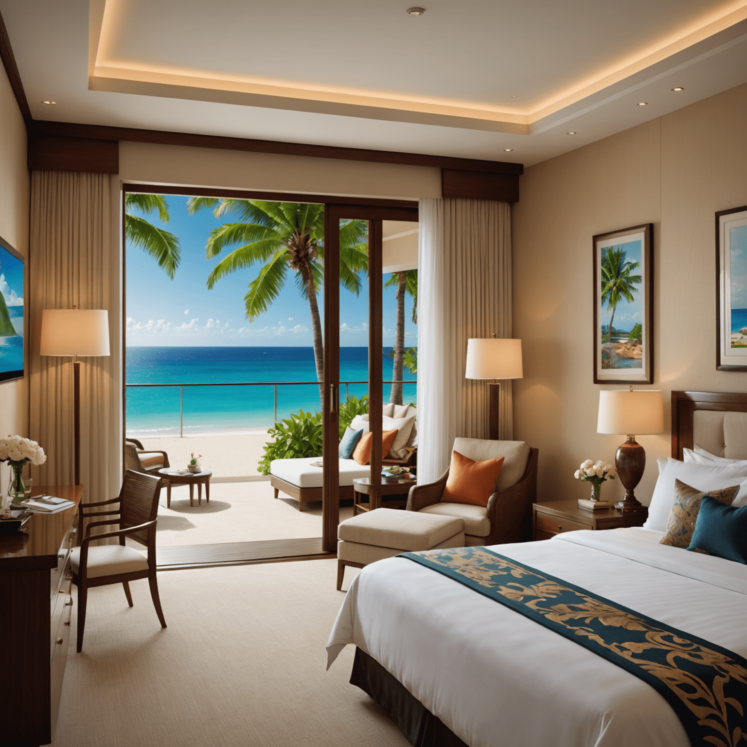 Luxurious hotel room with a breathtaking view of a tropical beach, representing comfortable and exciting hotel reservations