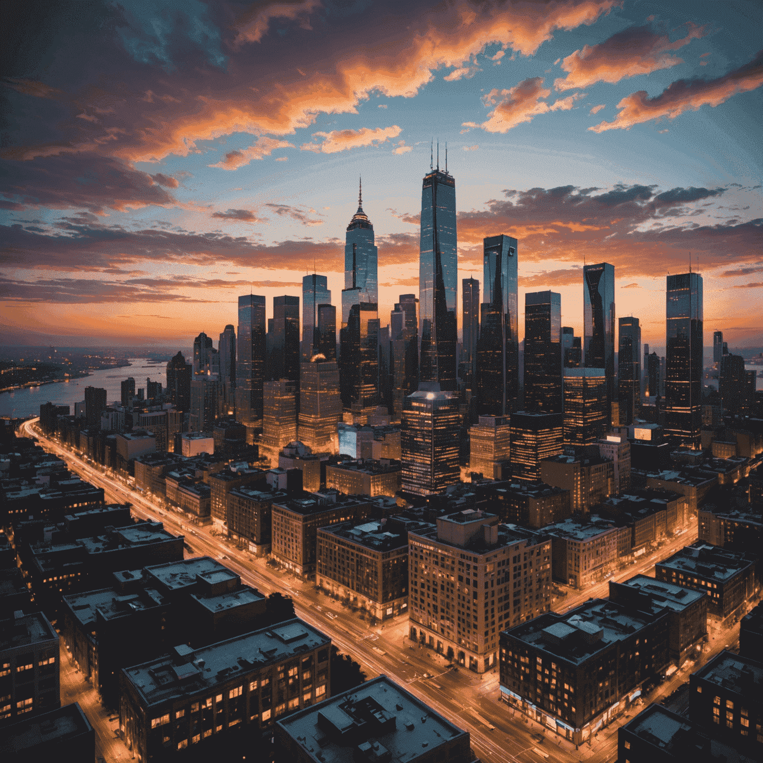 A stunning city skyline at dusk, with skyscrapers lit up against a colorful sky, showcasing an urban adventure destination.