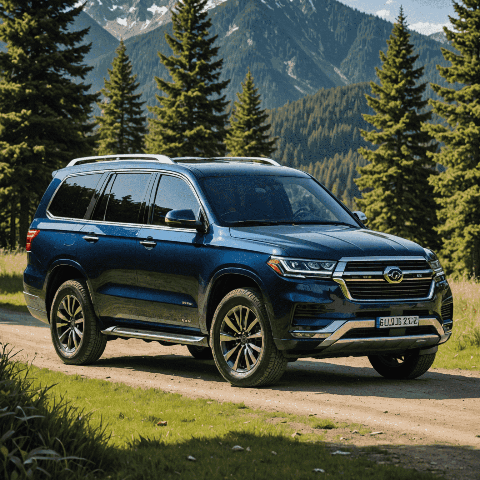 A spacious SUV, ideal for family trips or group travel. It's a robust dark blue vehicle with ample cargo space.