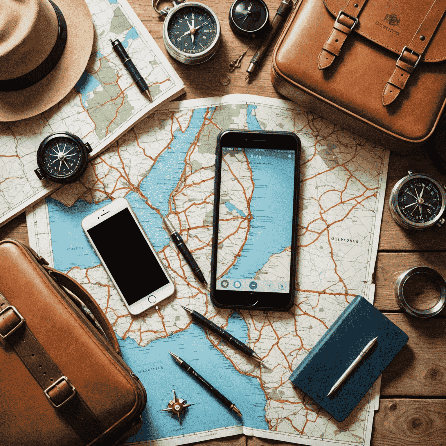 A collection of travel essentials like maps, compasses, and guidebooks, along with a smartphone showing a travel app