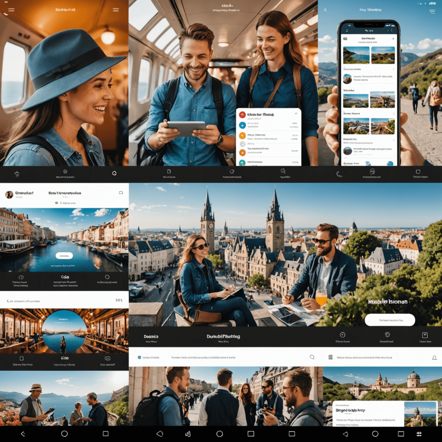 A collage of happy travelers using Catslaptohen Travel's new booking system on various devices, showcasing its versatility and user-friendly interface