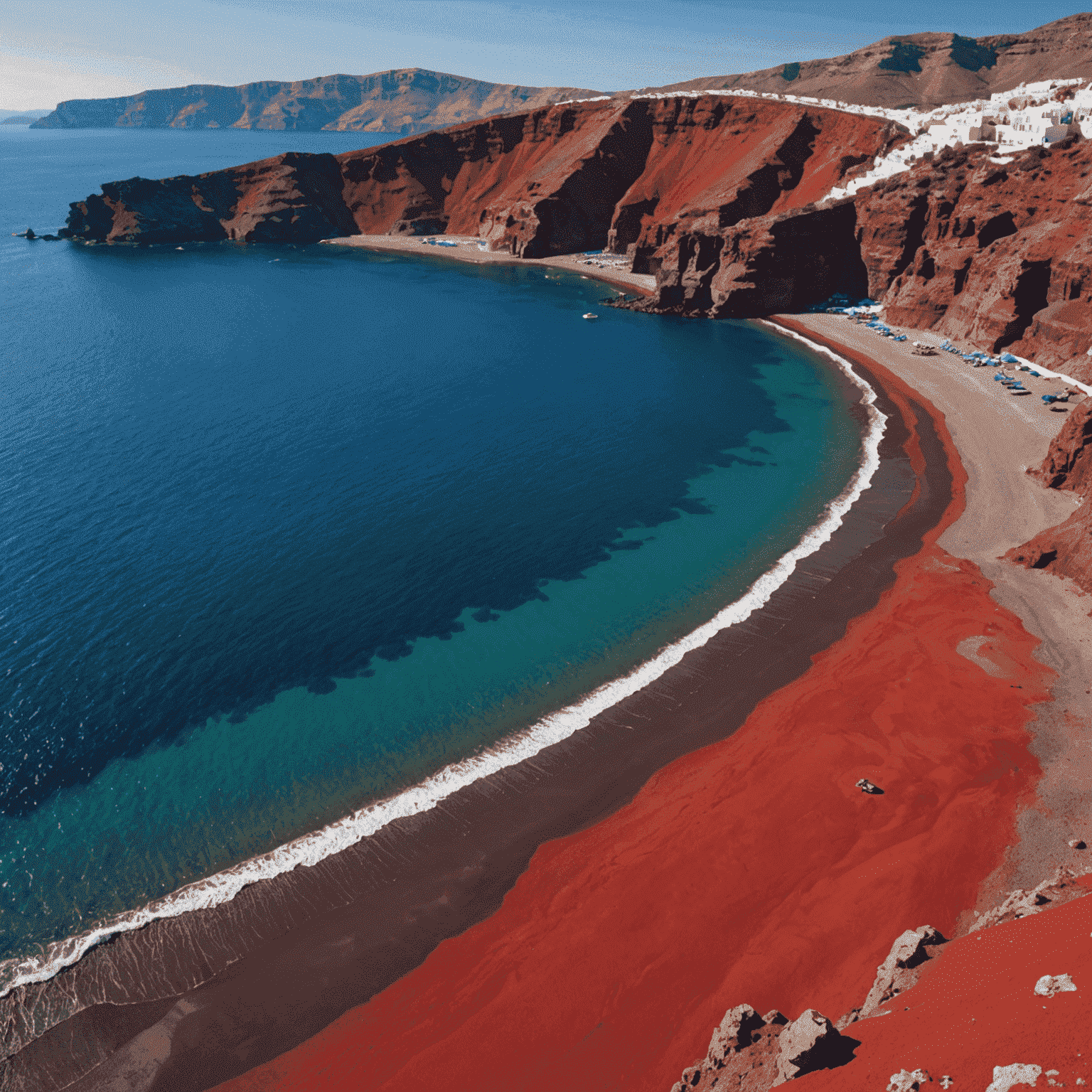 Red Beach of Santorini with its distinctive red volcanic sand and cliffs contrasting with the blue Aegean Sea