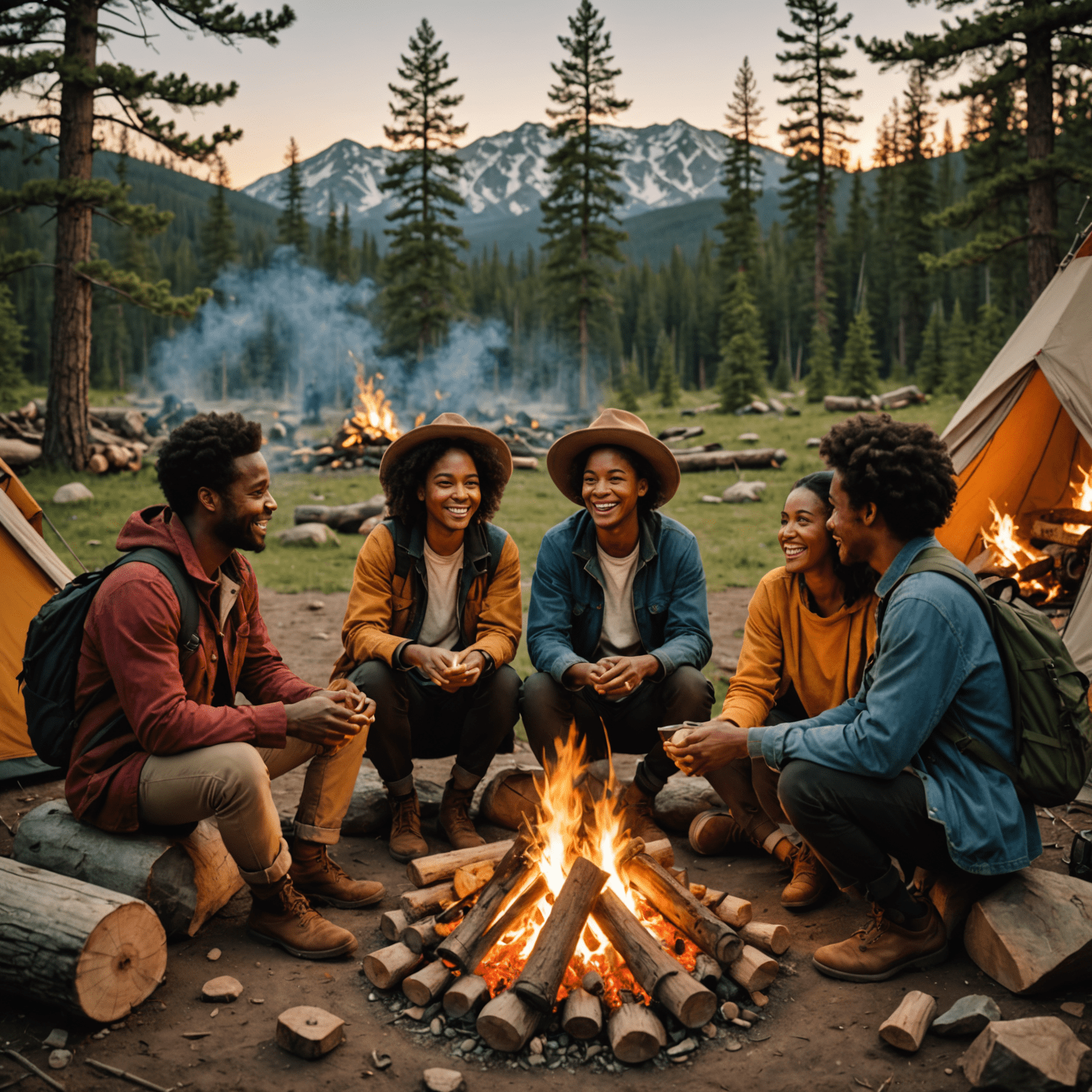 A group of diverse travelers sitting around a campfire, sharing stories and laughing together