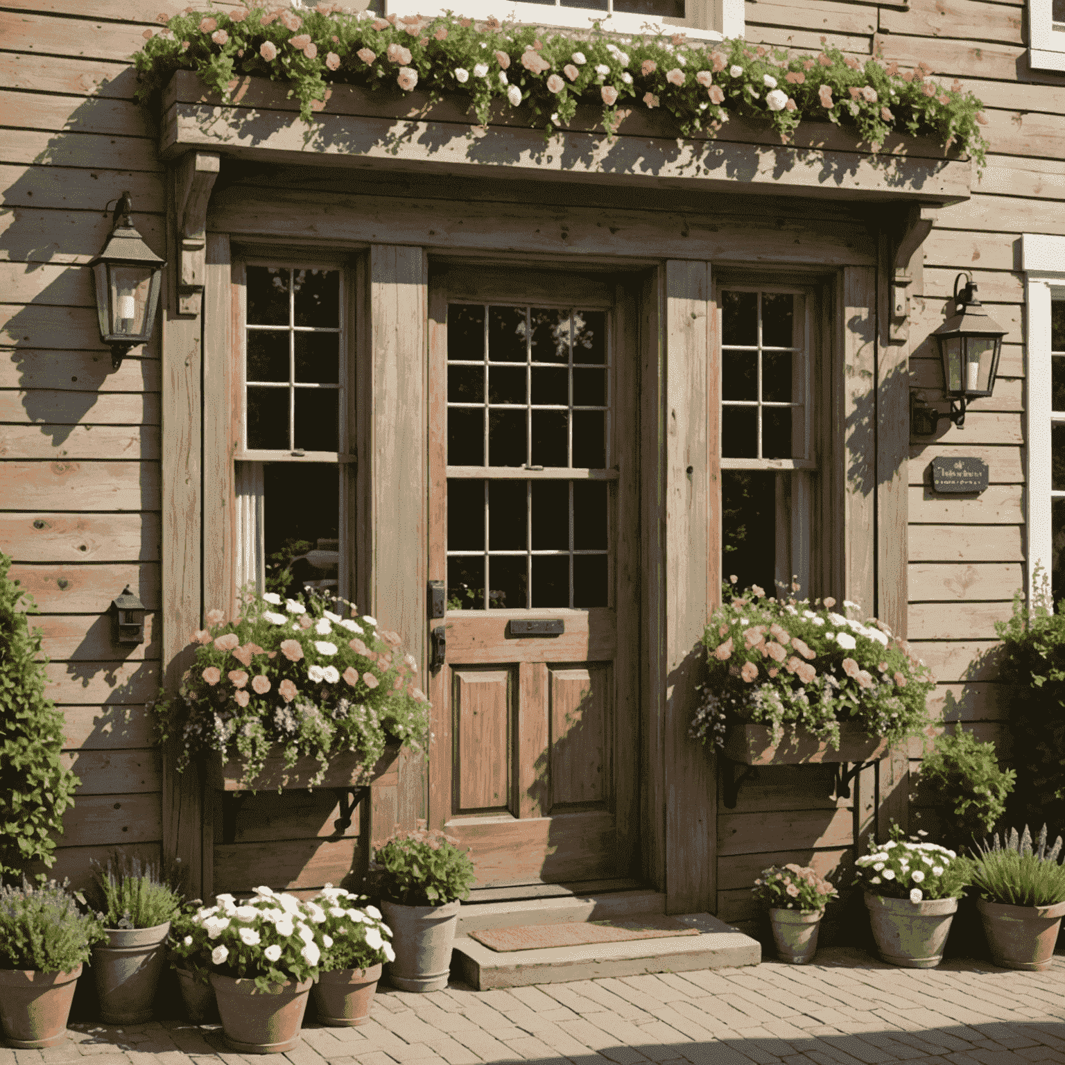 A quaint bed and breakfast with a rustic exterior and flower-filled window boxes