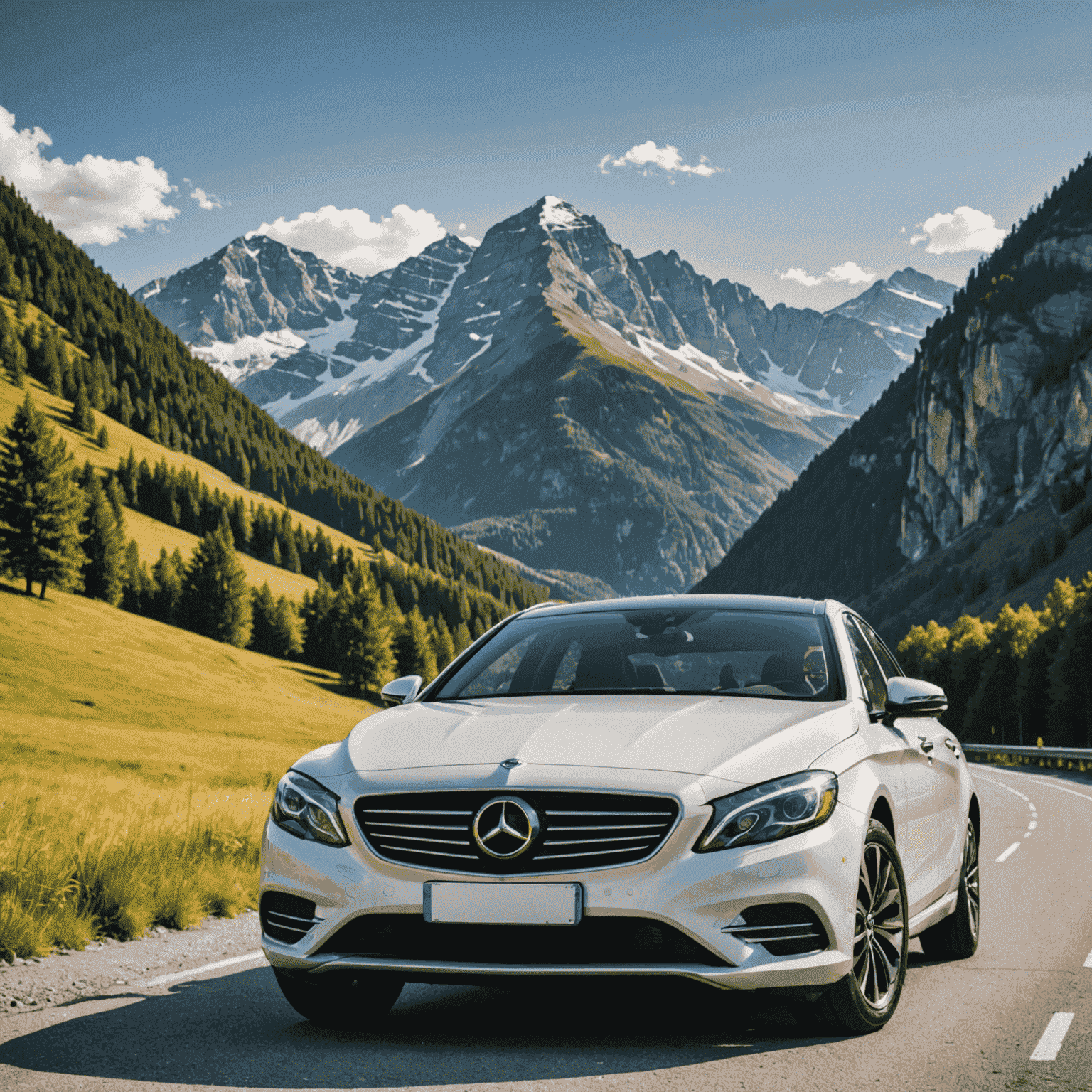 Sleek rental car parked in front of a scenic mountain landscape, symbolizing freedom and adventure in car rentals